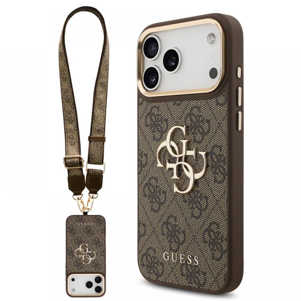 iPhone 17 Pro Max Guess orijinal lisanslı 4G desenli büyük metal logolu kalın askılı telefon kılıfı