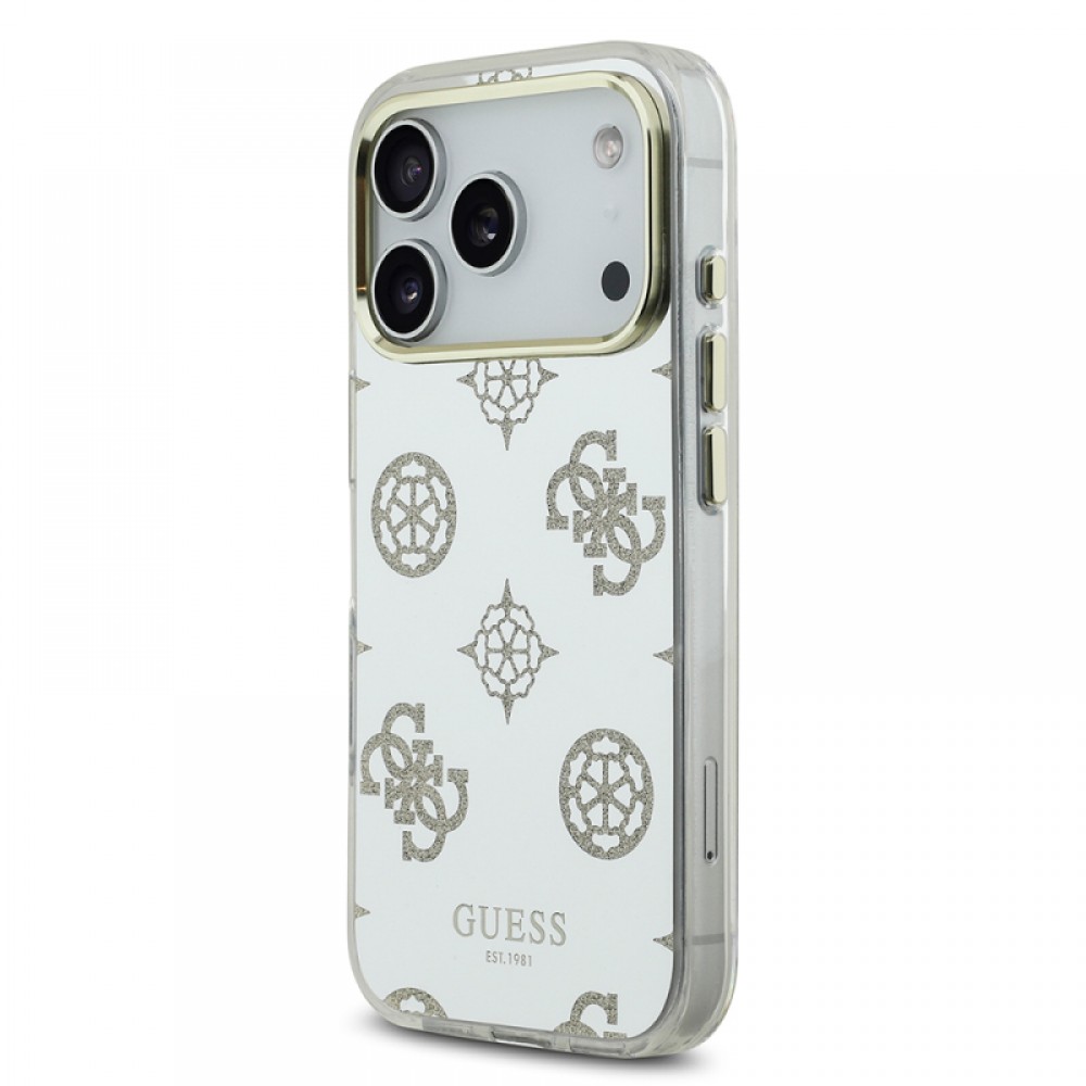 iPhone 17 Pro Guess orijinal lisanslı simli glitter aynalı yüzeyli metal kamera çerçeveli telefon kılıfı