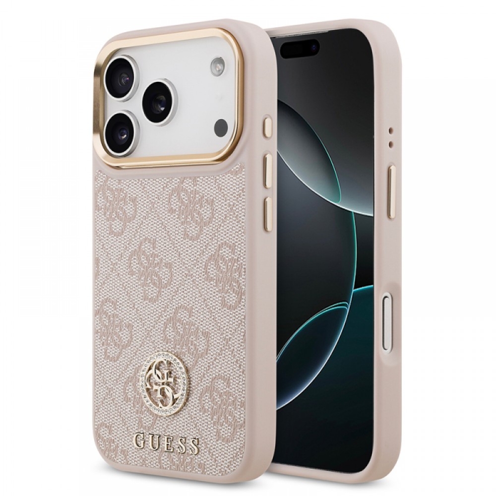 iPhone 17 Pro Guess orijinal lisanslı MagSafe uyumlu gold metal kamera çerçeveli taşlı 4G logolu lüks telefon kılıfı