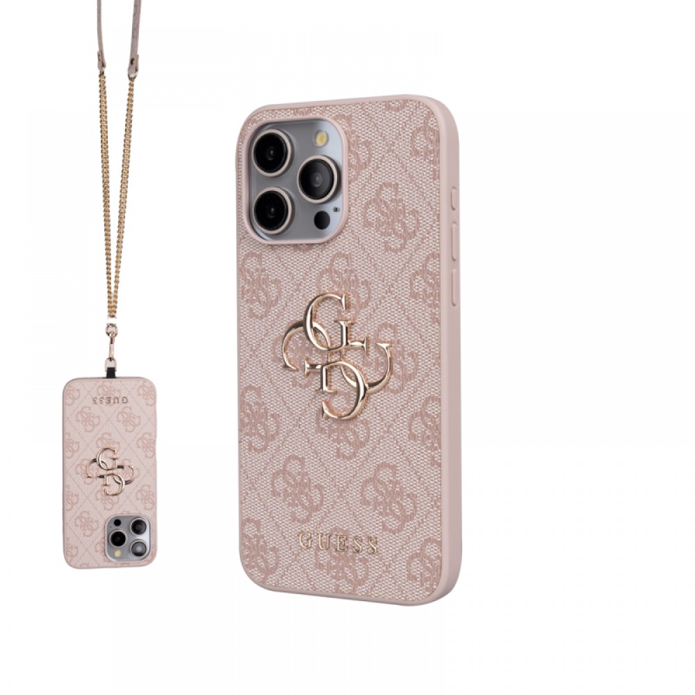 iPhone 15 Pro Max Guess orijinal lisanslı PU deri 4G desenli büyük metal logolu çapraz vücut askılı lüks telefon kılıfı