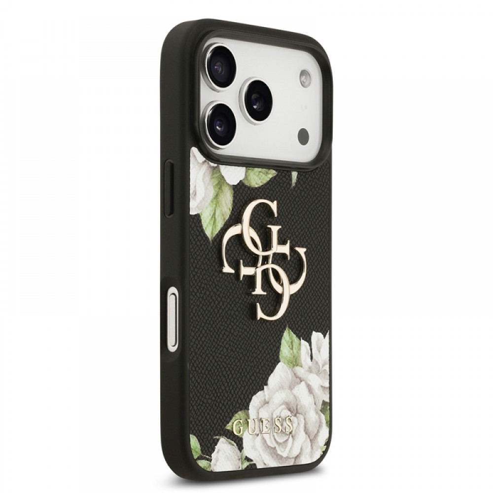 iPhone 17 Pro Guess orijinal lisanslı gül baskılı büyük metal logolu zarif telefon kılıfı