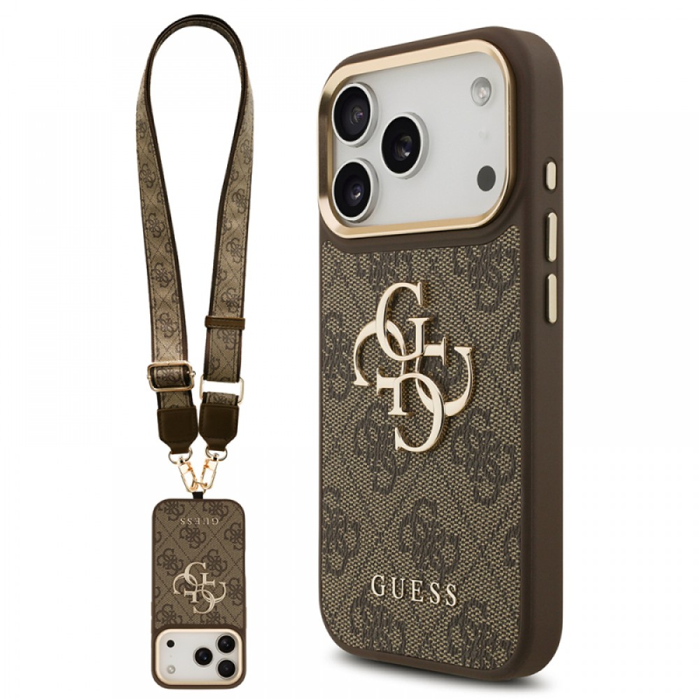 iPhone 17 Pro Guess orijinal lisanslı 4G desenli büyük metal logolu kalın askılı telefon kılıfı