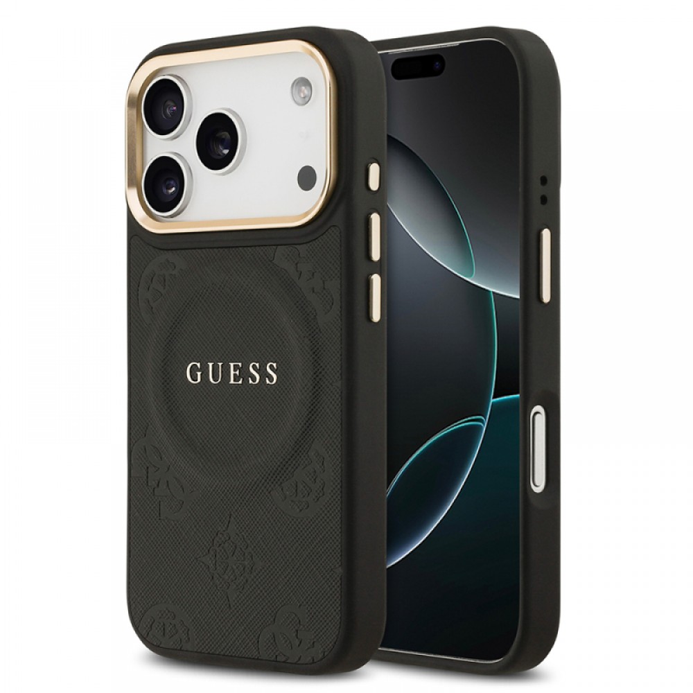 iPhone 17 Pro Guess orijinal lisanslı MagSafe uyumlu sıcak baskılı yazı logolu PU deri Peony çiçek desenli telefon kılıfı