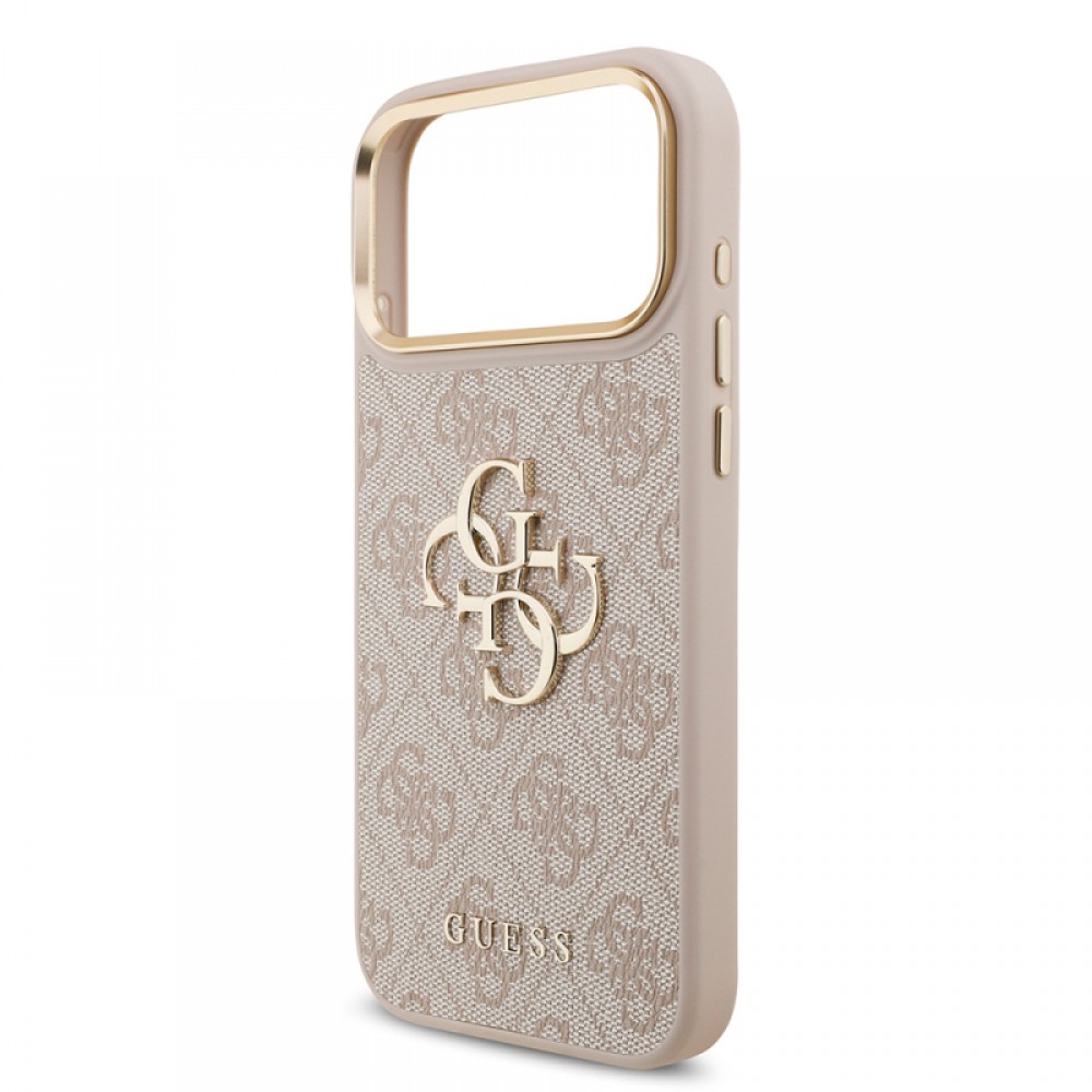 iPhone 17 Pro Max Guess orijinal lisanslı 4G desenli büyük metal logolu kalın askılı telefon kılıfı