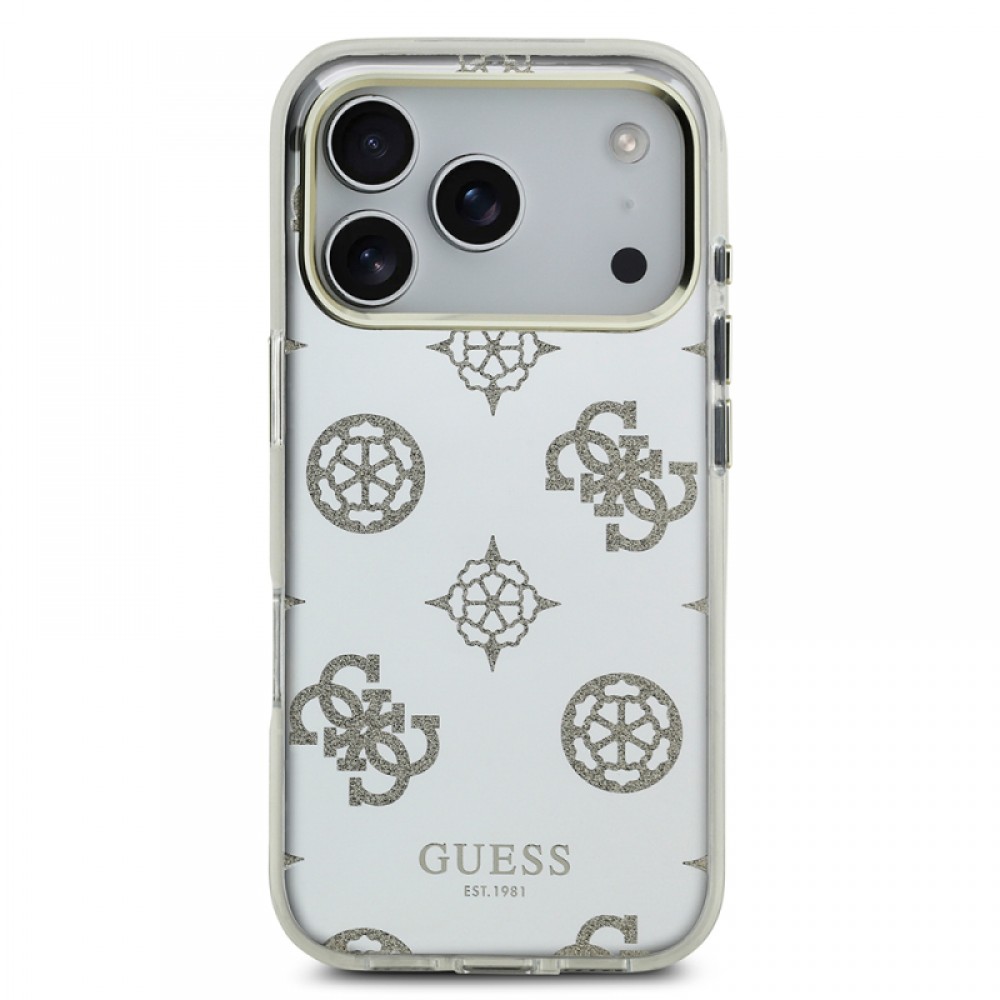 iPhone 17 Pro Guess orijinal lisanslı simli glitter aynalı yüzeyli metal kamera çerçeveli telefon kılıfı