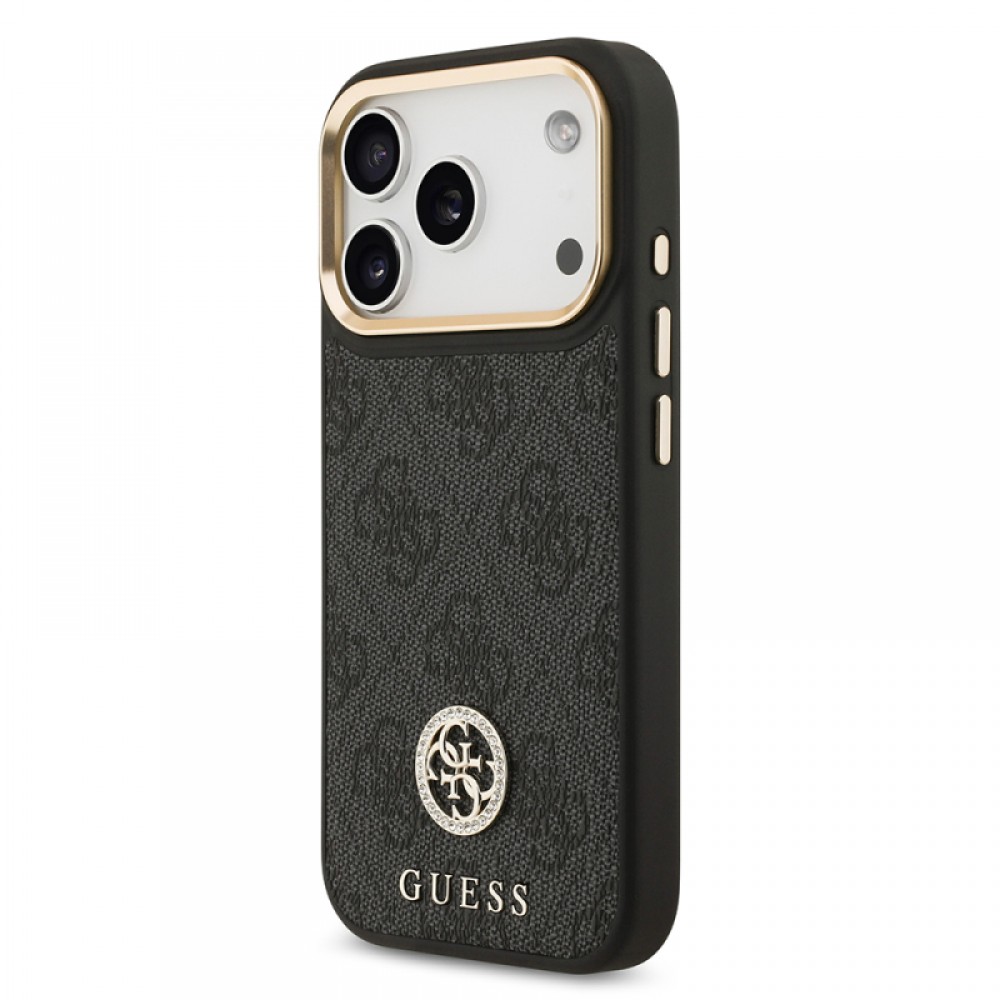 iPhone 17 Pro Guess orijinal lisanslı MagSafe uyumlu gold metal kamera çerçeveli taşlı 4G logolu lüks telefon kılıfı