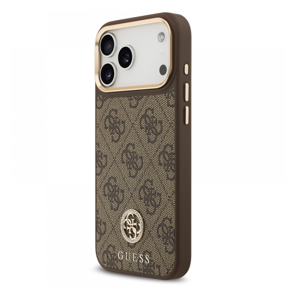 iPhone 17 Pro Max Guess orijinal lisanslı MagSafe uyumlu gold metal kamera çerçeveli taşlı 4G logolu lüks telefon kılıfı