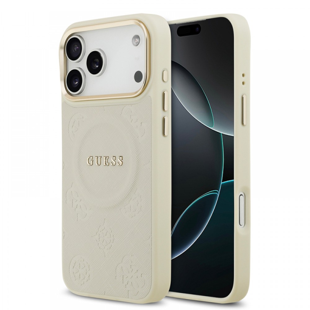 iPhone 17 Pro Max Guess orijinal lisanslı MagSafe uyumlu sıcak baskılı yazı logolu PU deri Peony çiçek desenli telefon kılıfı