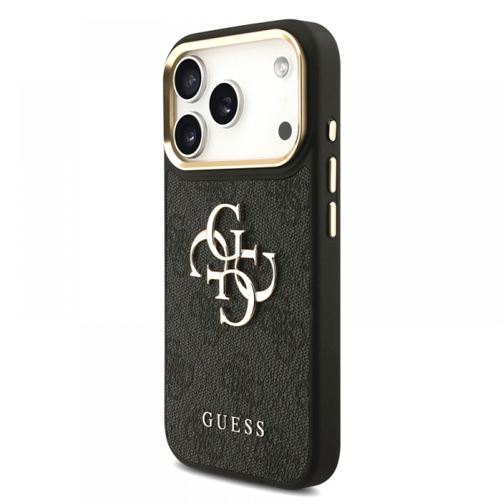 iPhone 17 Pro Guess orijinal lisanslı 4G desenli büyük metal logolu kalın askılı telefon kılıfı
