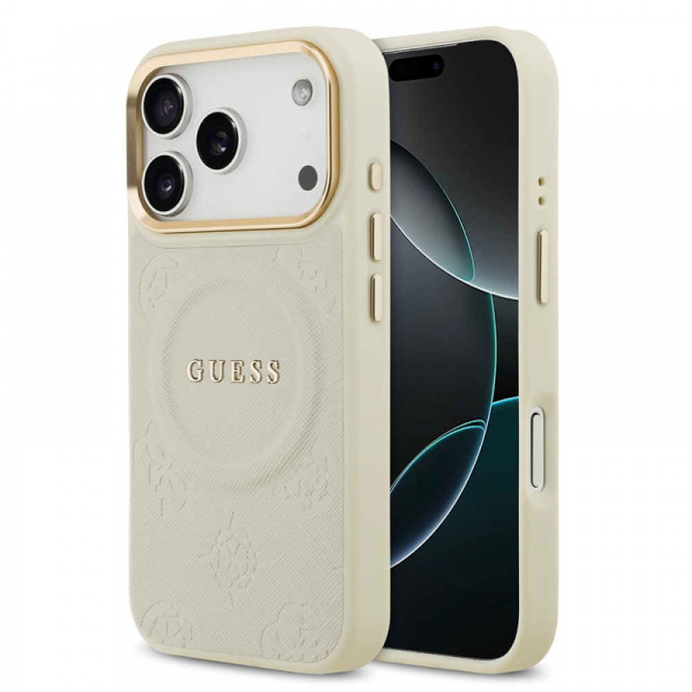 iPhone 17 Pro Guess orijinal lisanslı MagSafe uyumlu sıcak baskılı yazı logolu PU deri Peony çiçek desenli telefon kılıfı