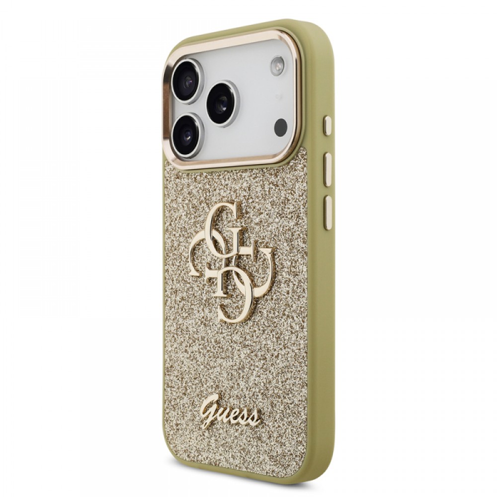 iPhone 17 Pro Guess orijinal lisanslı 4G desenli büyük metal kamera çerçeveli ve logolu simli glitter telefon kılıfı