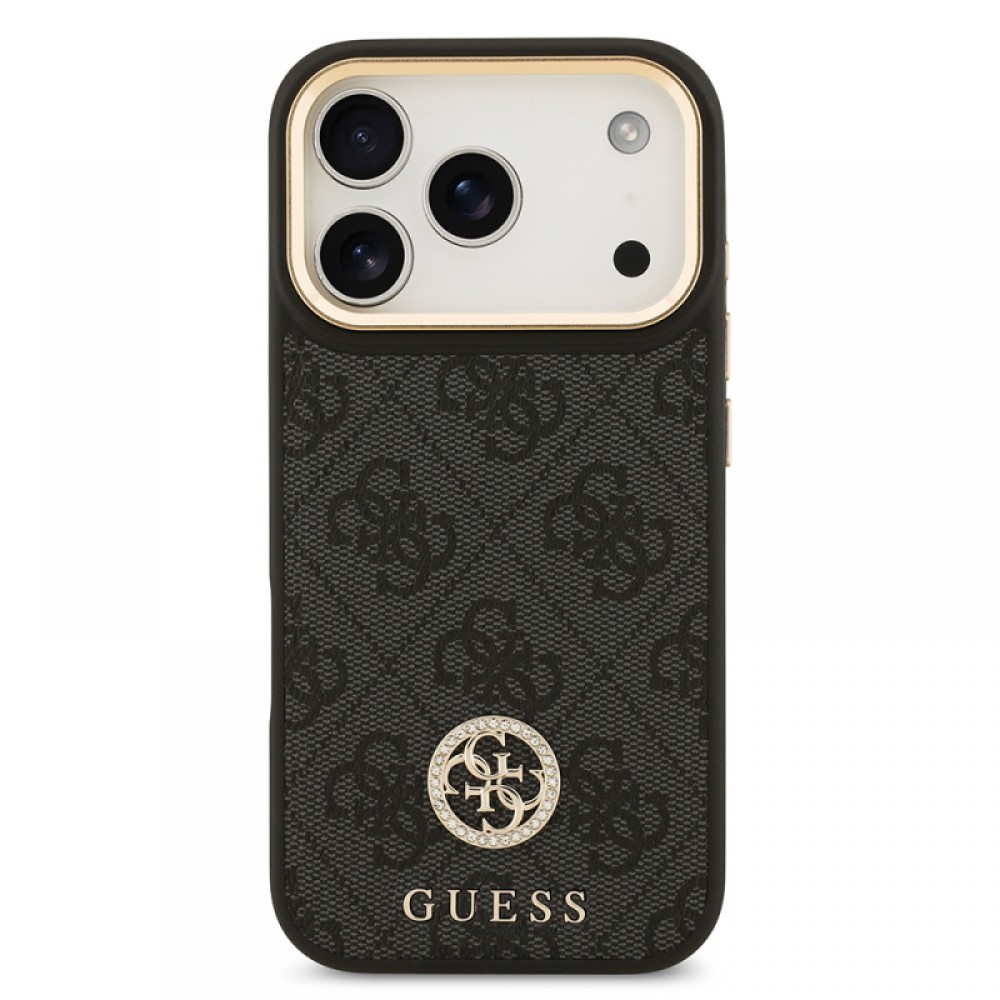 iPhone 17 Pro Guess orijinal lisanslı MagSafe uyumlu gold metal kamera çerçeveli taşlı 4G logolu lüks telefon kılıfı