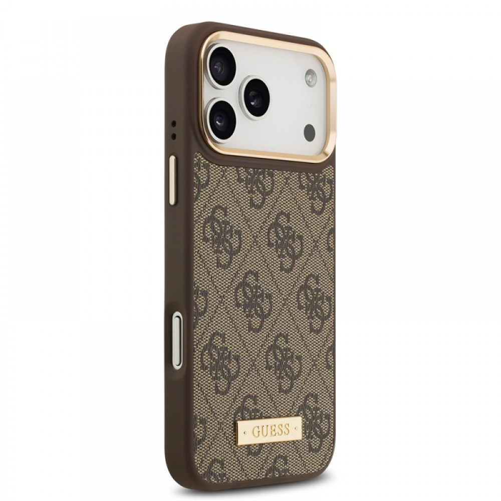 iPhone 17 Pro Max Guess orijinal lisanslı MagSafe uyumlu 4G desenli PU deri metal plaka klasik logolu telefon kılıfı