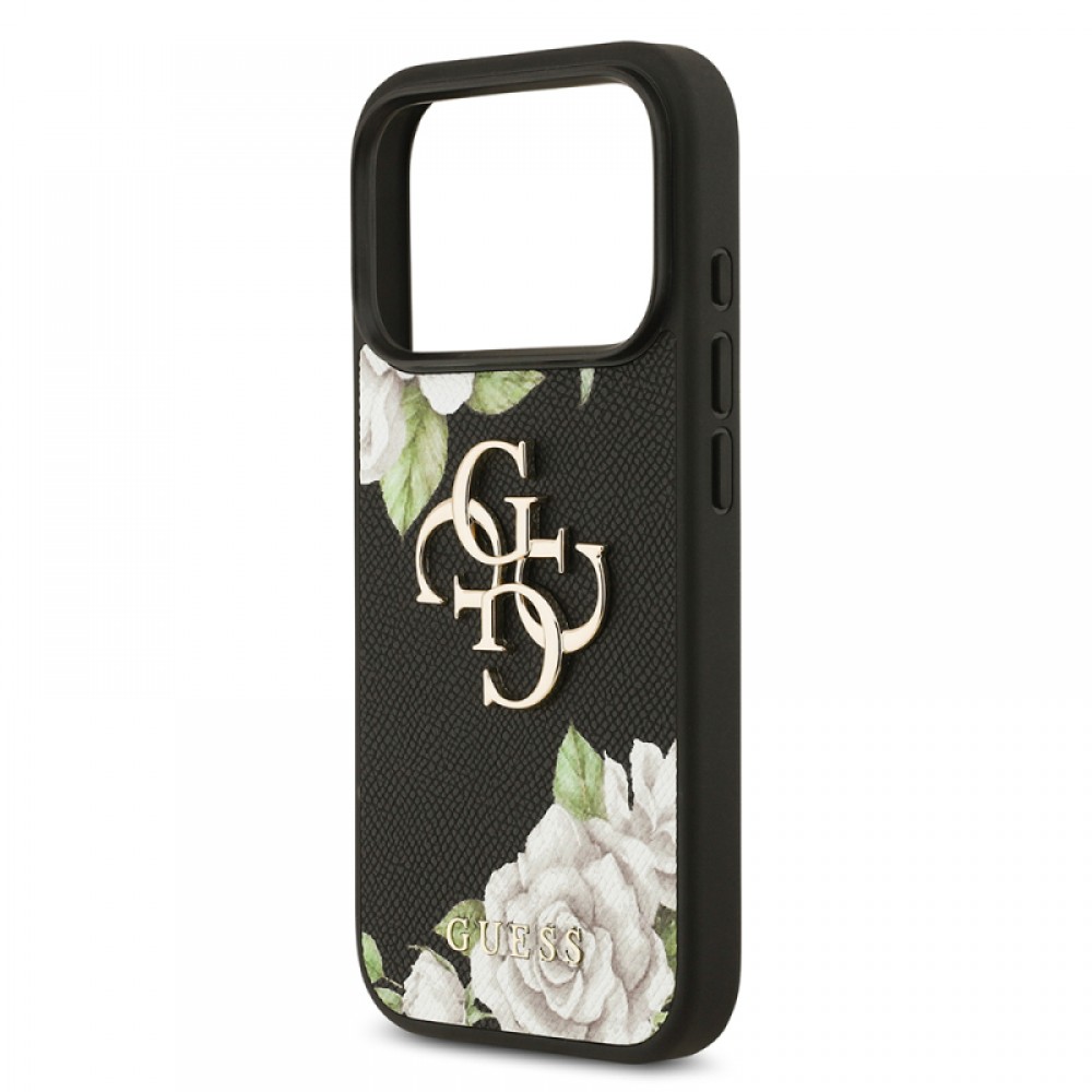 iPhone 17 Pro Guess orijinal lisanslı gül baskılı büyük metal logolu zarif telefon kılıfı