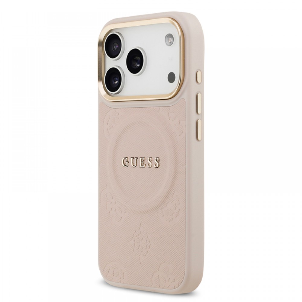 iPhone 17 Pro Guess orijinal lisanslı MagSafe uyumlu sıcak baskılı yazı logolu PU deri Peony çiçek desenli telefon kılıfı