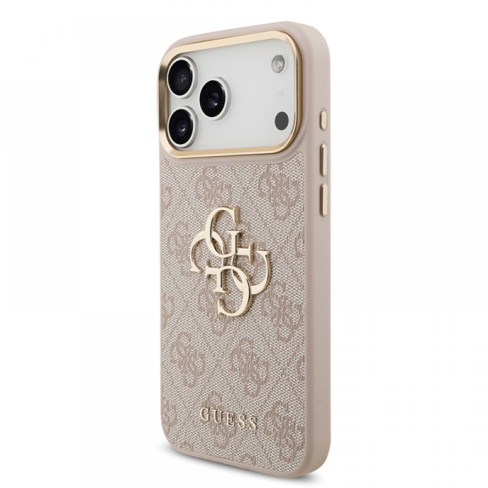 iPhone 17 Pro Max Guess orijinal lisanslı 4G desenli büyük metal logolu kalın askılı telefon kılıfı