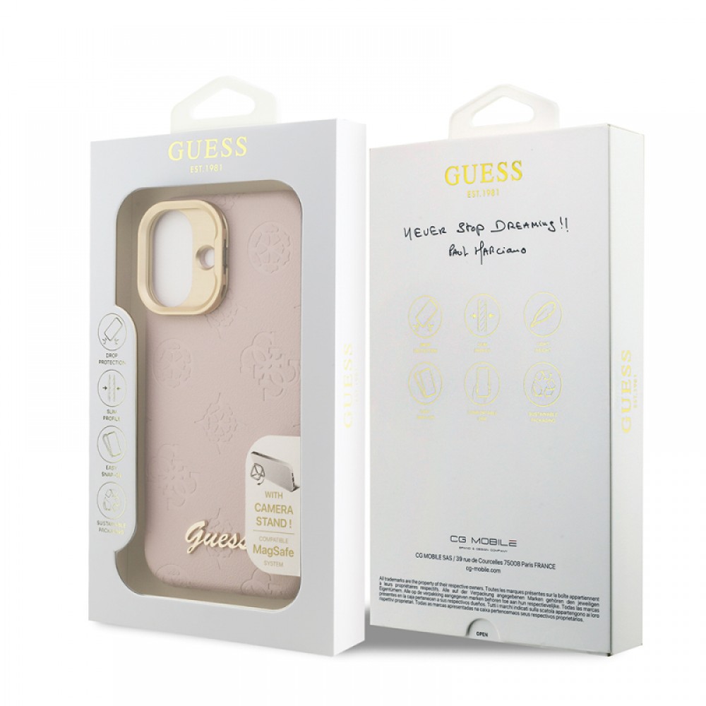 iPhone 16 Guess orijinal lisanslı MagSafe uyumlu PU deri sıcak baskılı yazı logolu Peony desenli kamera standlı lüks telefon kılıfı