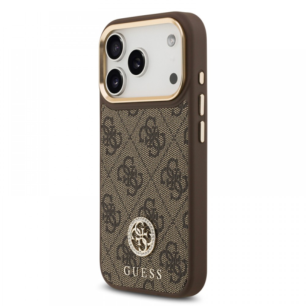iPhone 17 Pro Guess orijinal lisanslı MagSafe uyumlu gold metal kamera çerçeveli taşlı 4G logolu lüks telefon kılıfı