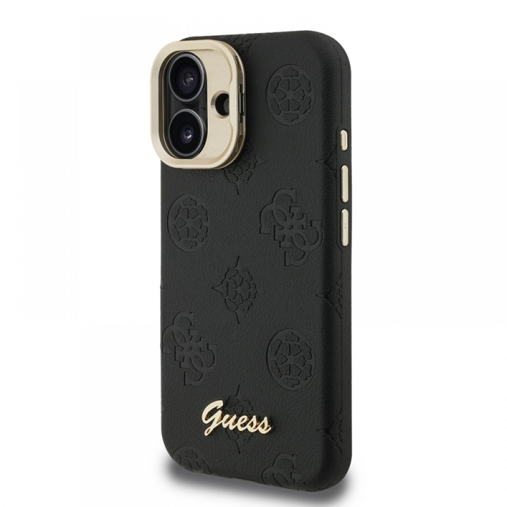iPhone 16 Guess orijinal lisanslı MagSafe uyumlu PU deri sıcak baskılı yazı logolu Peony desenli kamera standlı lüks telefon kılıfı