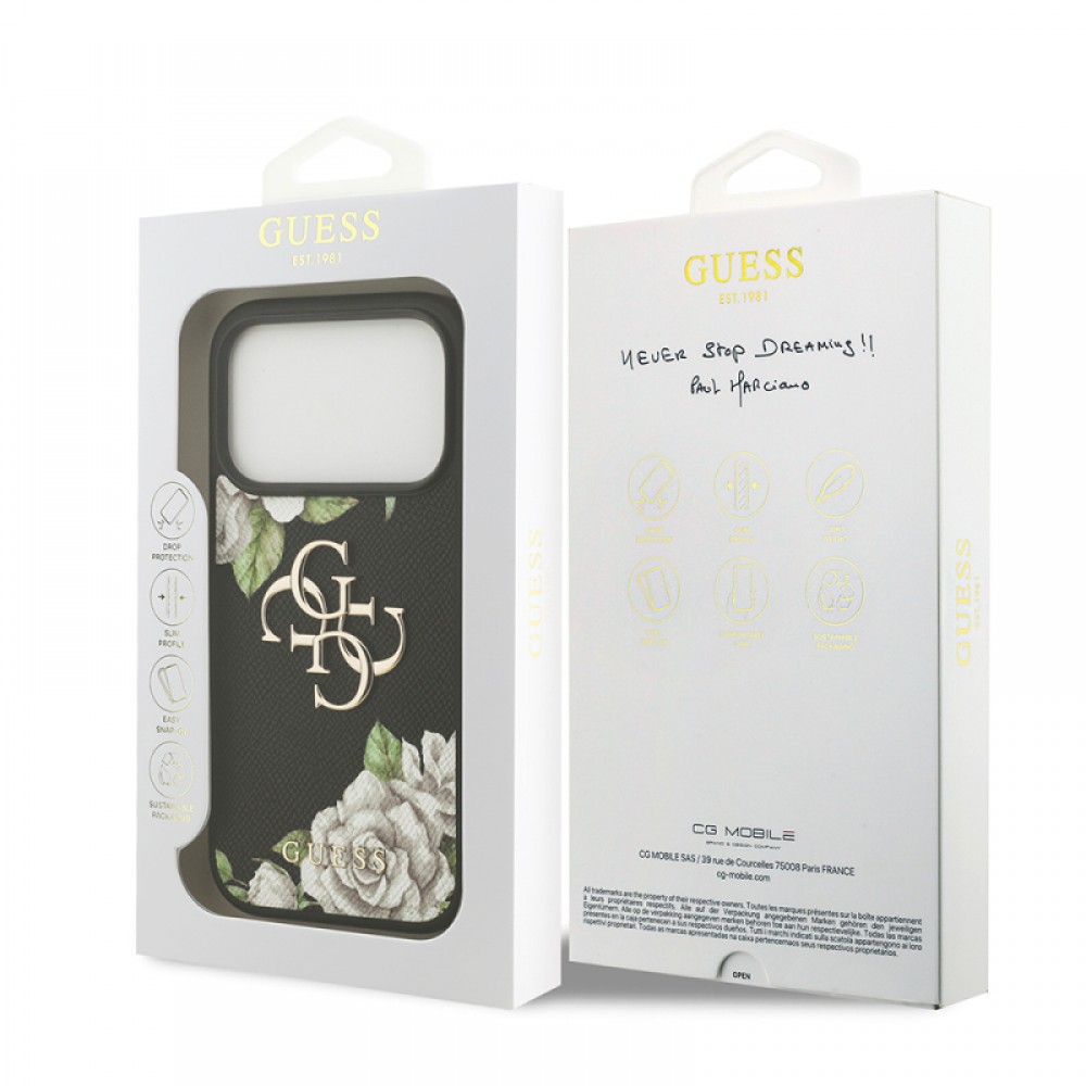 iPhone 17 Pro Guess orijinal lisanslı gül baskılı büyük metal logolu zarif telefon kılıfı