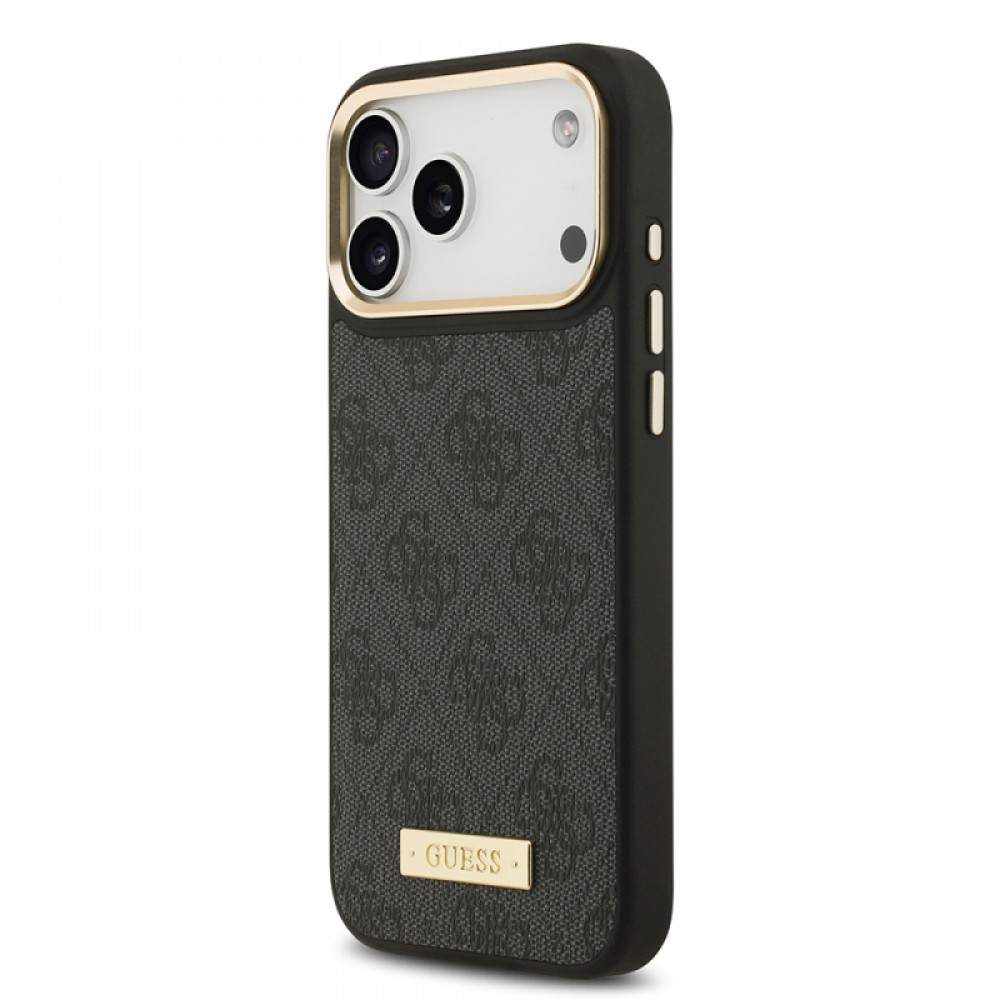 iPhone 17 Pro Max Guess orijinal lisanslı MagSafe uyumlu 4G desenli PU deri metal plaka klasik logolu telefon kılıfı