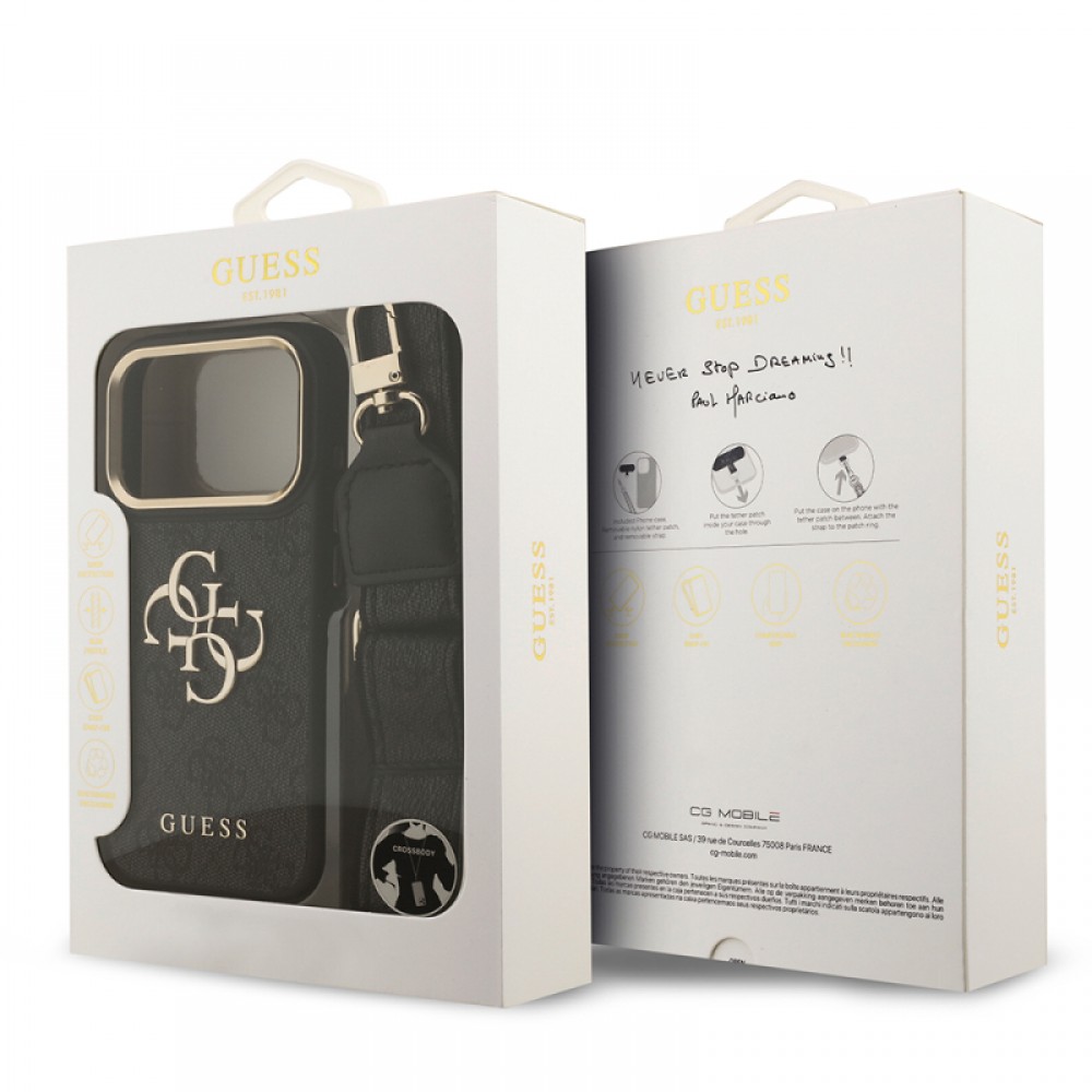 iPhone 17 Pro Guess orijinal lisanslı 4G desenli büyük metal logolu kalın askılı telefon kılıfı