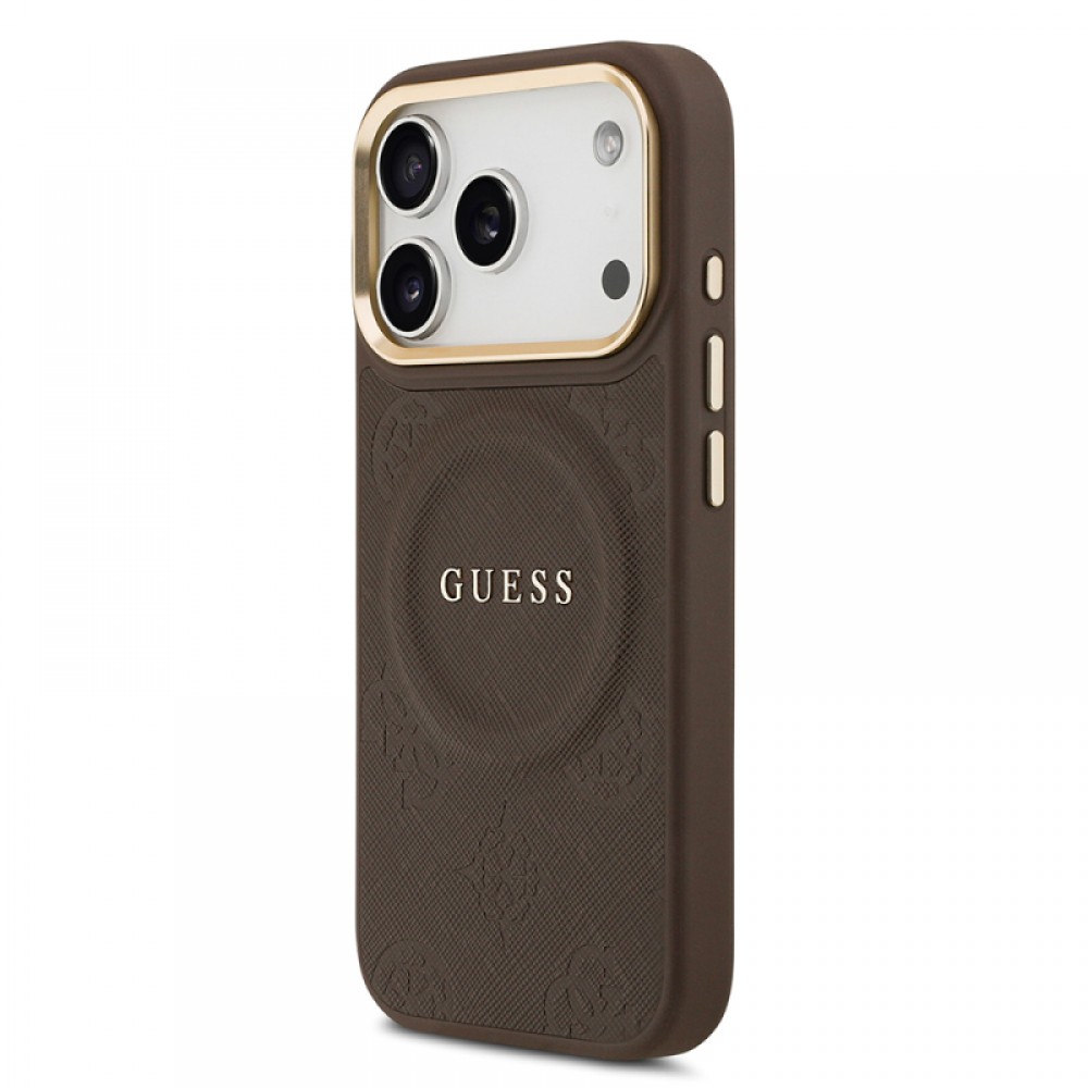 iPhone 17 Pro Guess orijinal lisanslı MagSafe uyumlu sıcak baskılı yazı logolu PU deri Peony çiçek desenli telefon kılıfı