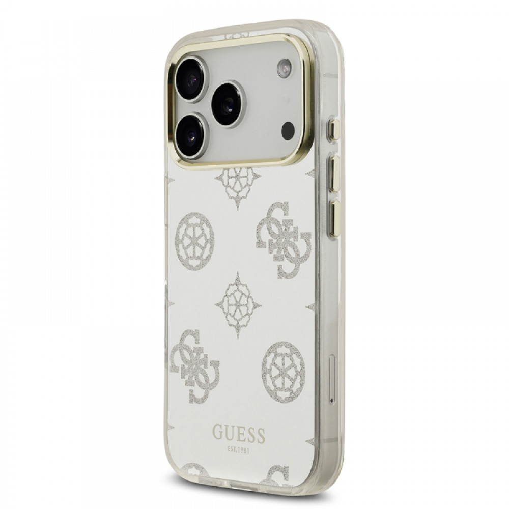 iPhone 17 Pro Guess orijinal lisanslı simli glitter aynalı yüzeyli metal kamera çerçeveli telefon kılıfı