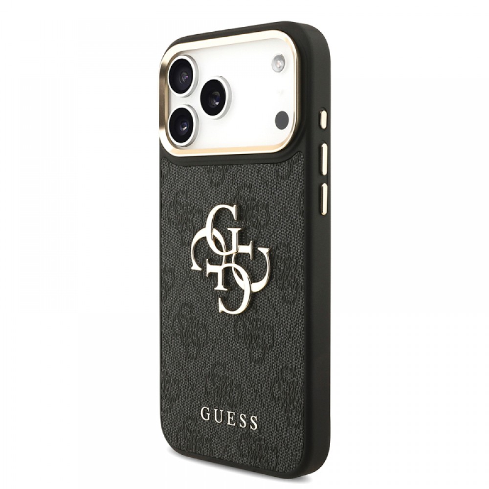 iPhone 17 Pro Max Guess orijinal lisanslı 4G desenli büyük metal logolu kalın askılı telefon kılıfı