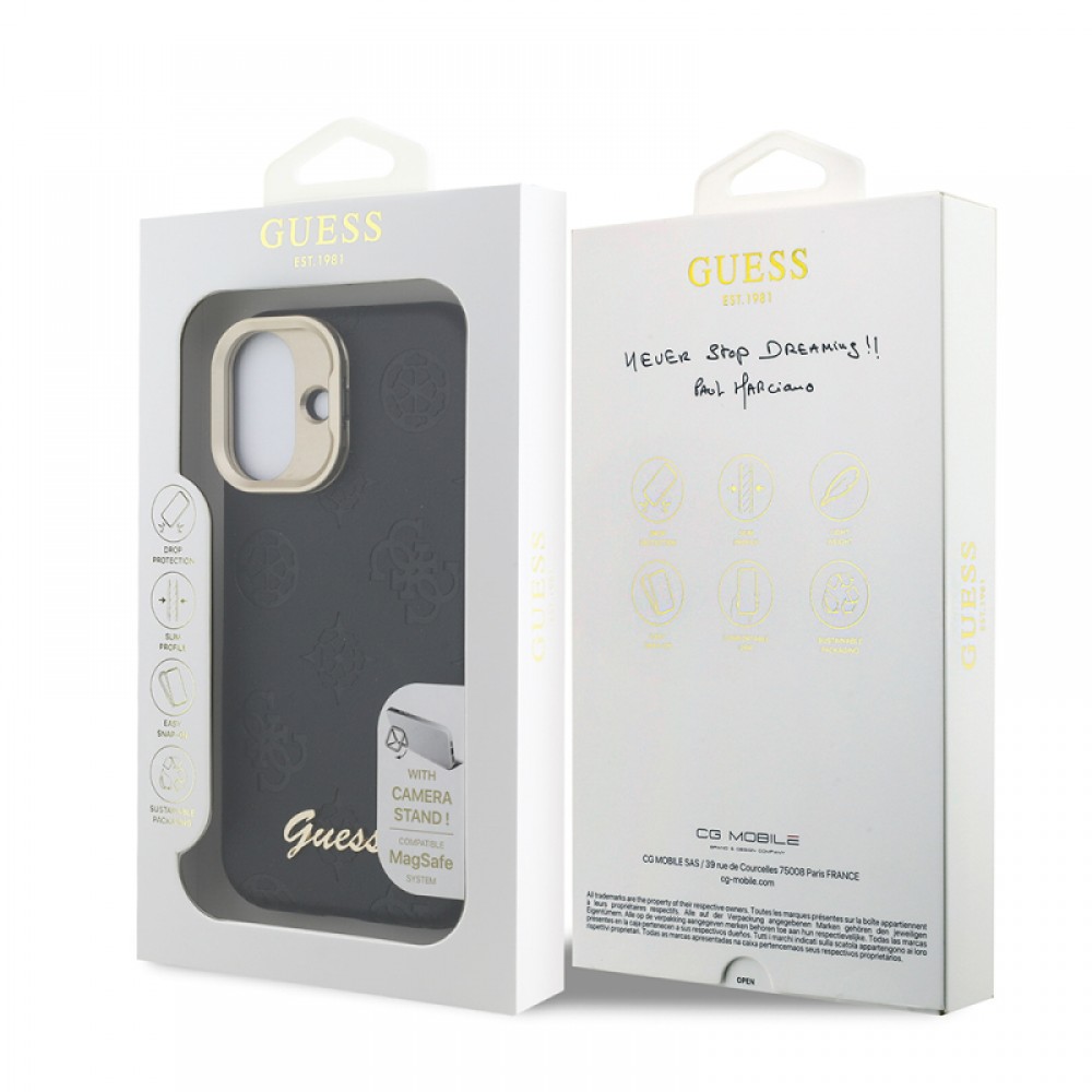 iPhone 16 Guess orijinal lisanslı MagSafe uyumlu PU deri sıcak baskılı yazı logolu Peony desenli kamera standlı lüks telefon kılıfı