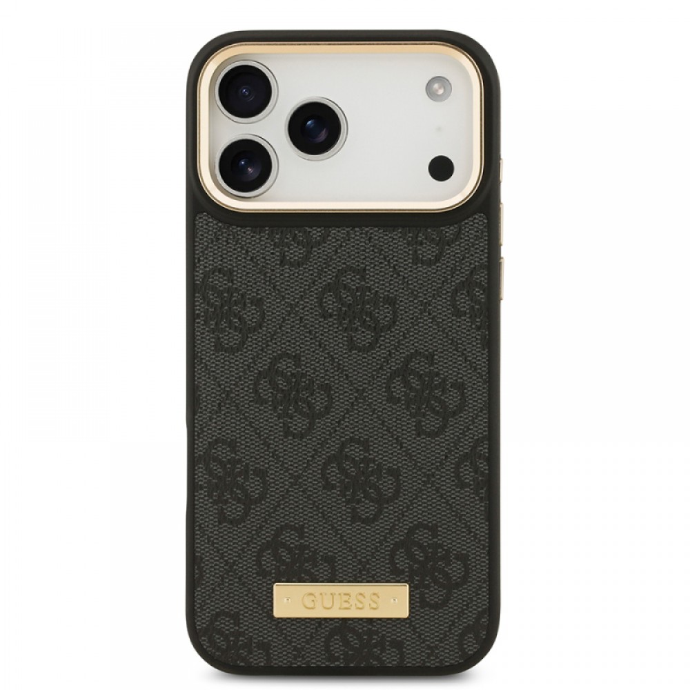 iPhone 17 Pro Max Guess orijinal lisanslı MagSafe uyumlu 4G desenli PU deri metal plaka klasik logolu telefon kılıfı