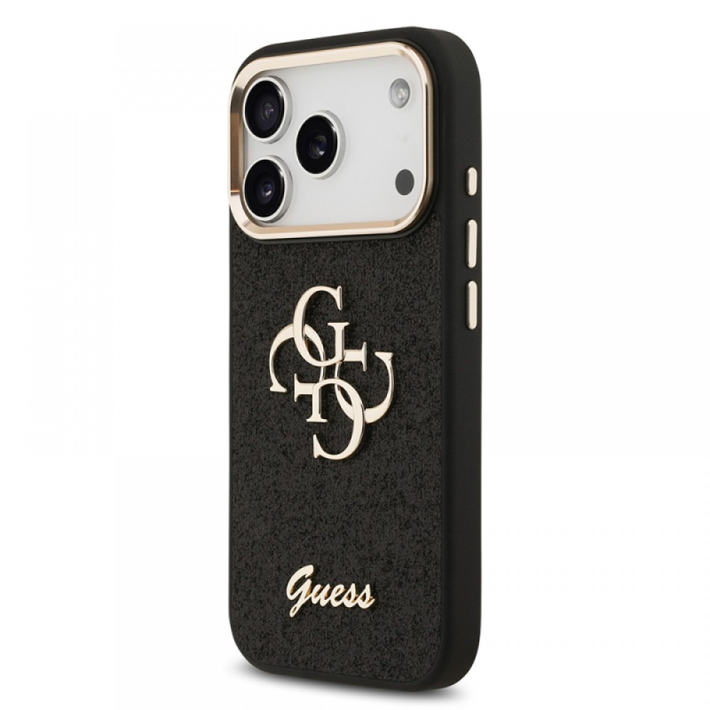 iPhone 17 Pro Guess orijinal lisanslı 4G desenli büyük metal kamera çerçeveli ve logolu simli glitter telefon kılıfı