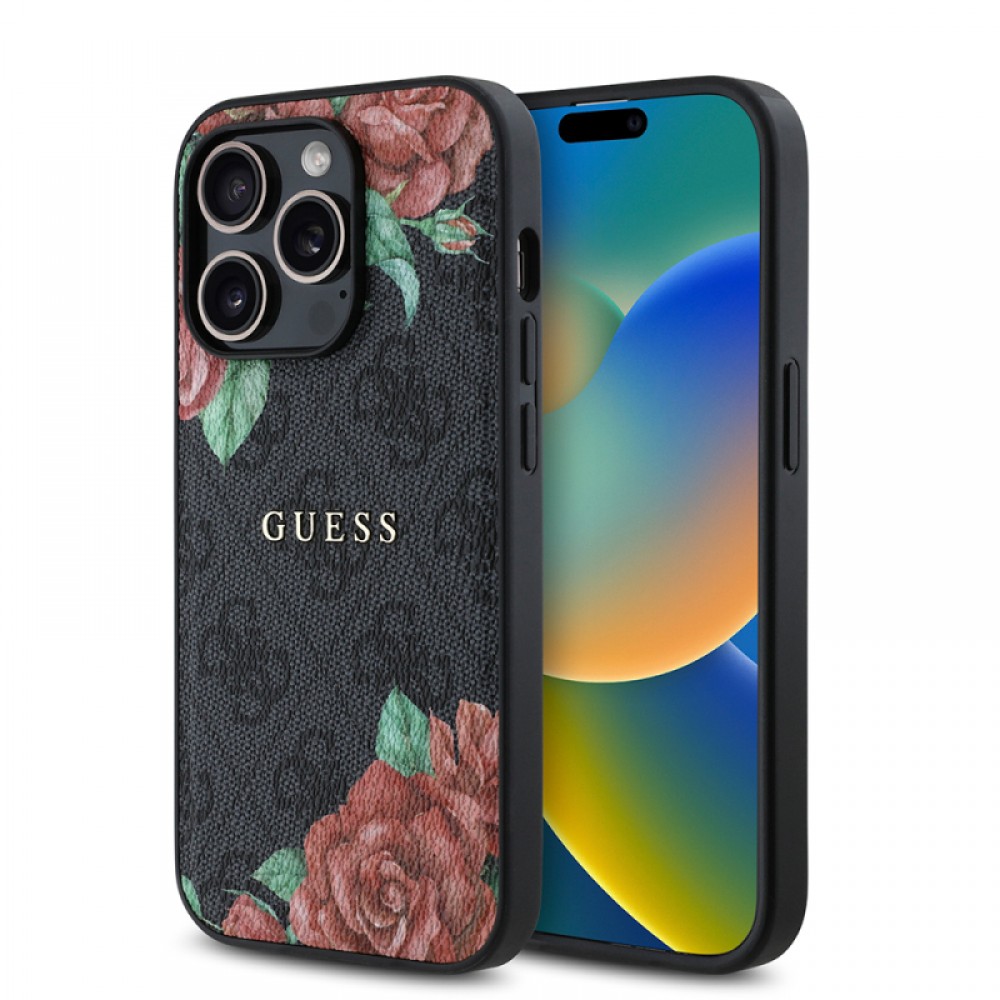 iPhone 14 Pro Guess orijinal lisanslı PU deri gül baskılı 4G desenli MagSafe uyumlu yazı logolu lüks koruyucu telefon kılıfı