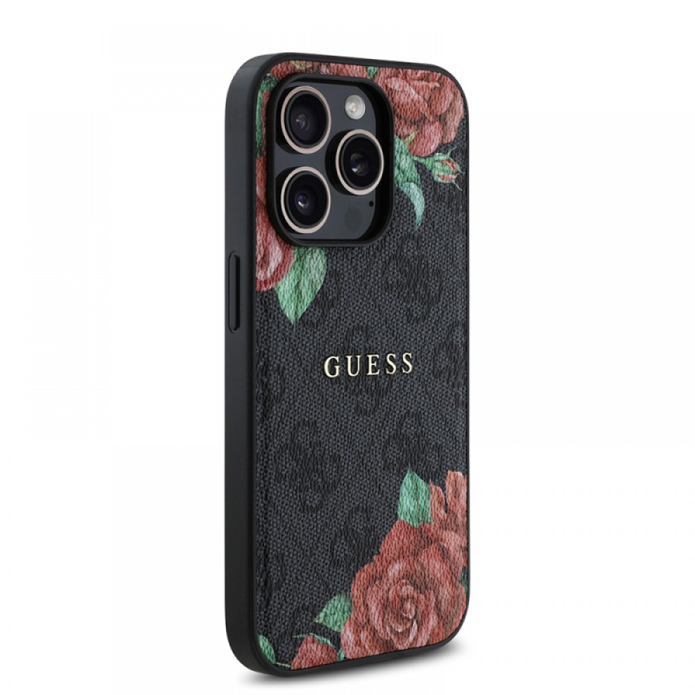 iPhone 14 Pro Guess orijinal lisanslı PU deri gül baskılı 4G desenli MagSafe uyumlu yazı logolu lüks koruyucu telefon kılıfı