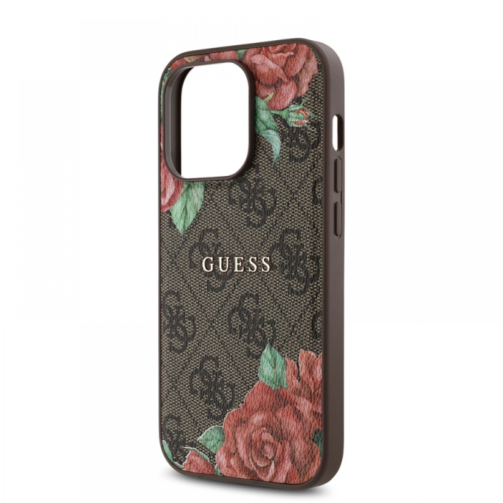 iPhone 14 Pro Guess orijinal lisanslı PU deri gül baskılı 4G desenli MagSafe uyumlu yazı logolu lüks koruyucu telefon kılıfı