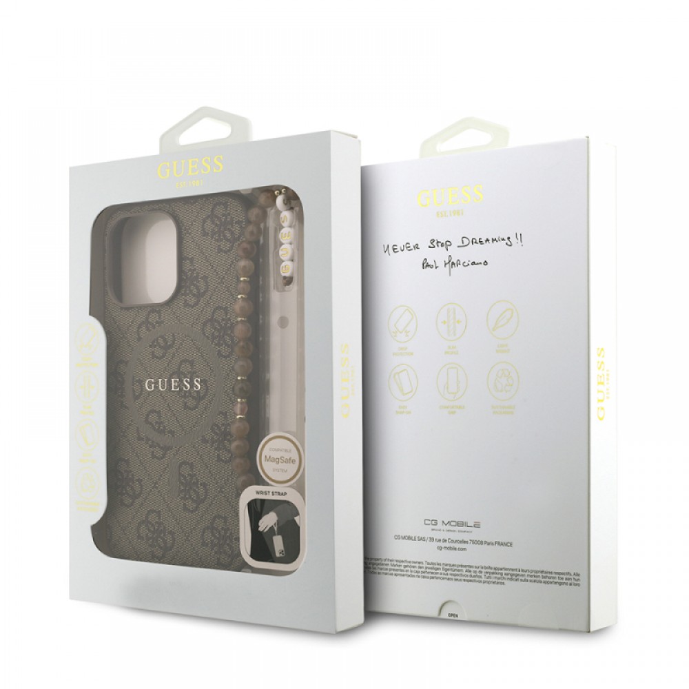 iPhone 14 Pro Max Guess orijinal lisanslı PU deri yazı logolu MagSafe uyumlu bilek askı ipli lüks koruyucu telefon kılıfı