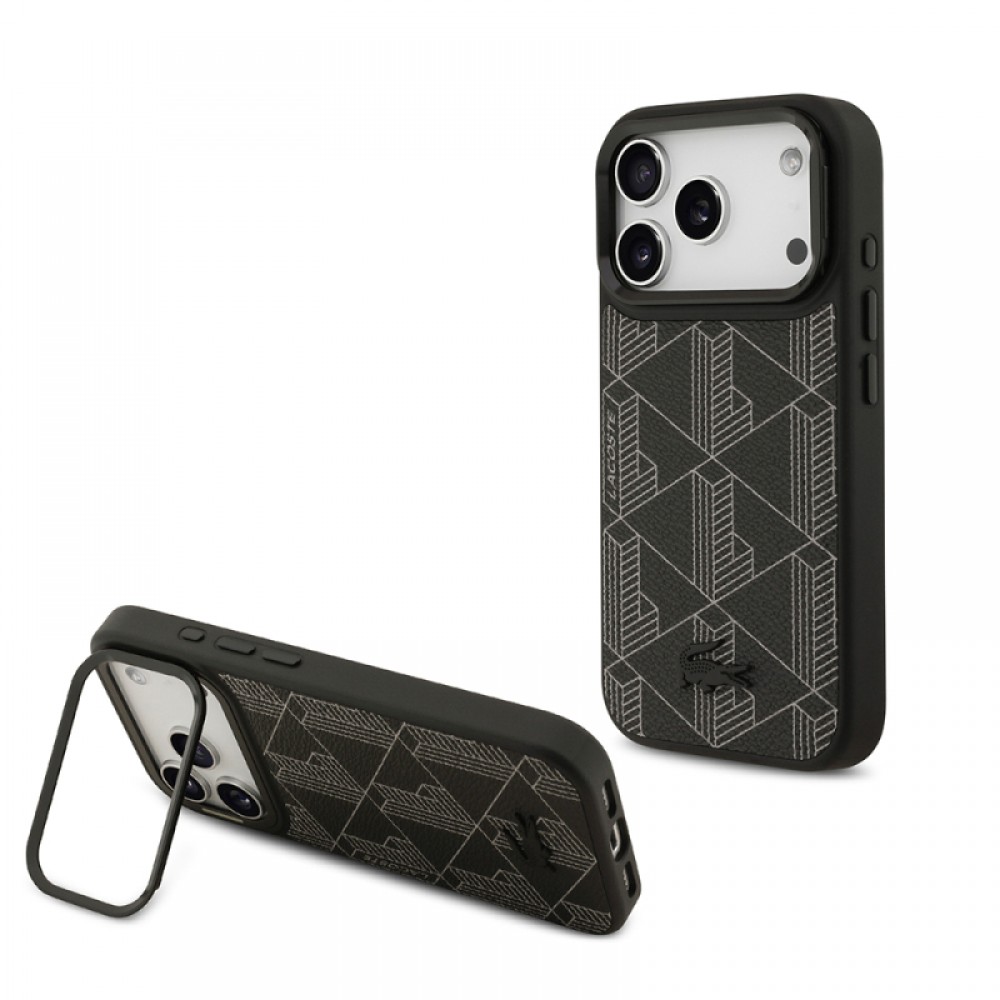 iPhone 17 Pro Lacoste orijinal lisanslı MagSafe uyumlu stand özellikli PU deri karışık monogram desenli telefon kılıfı