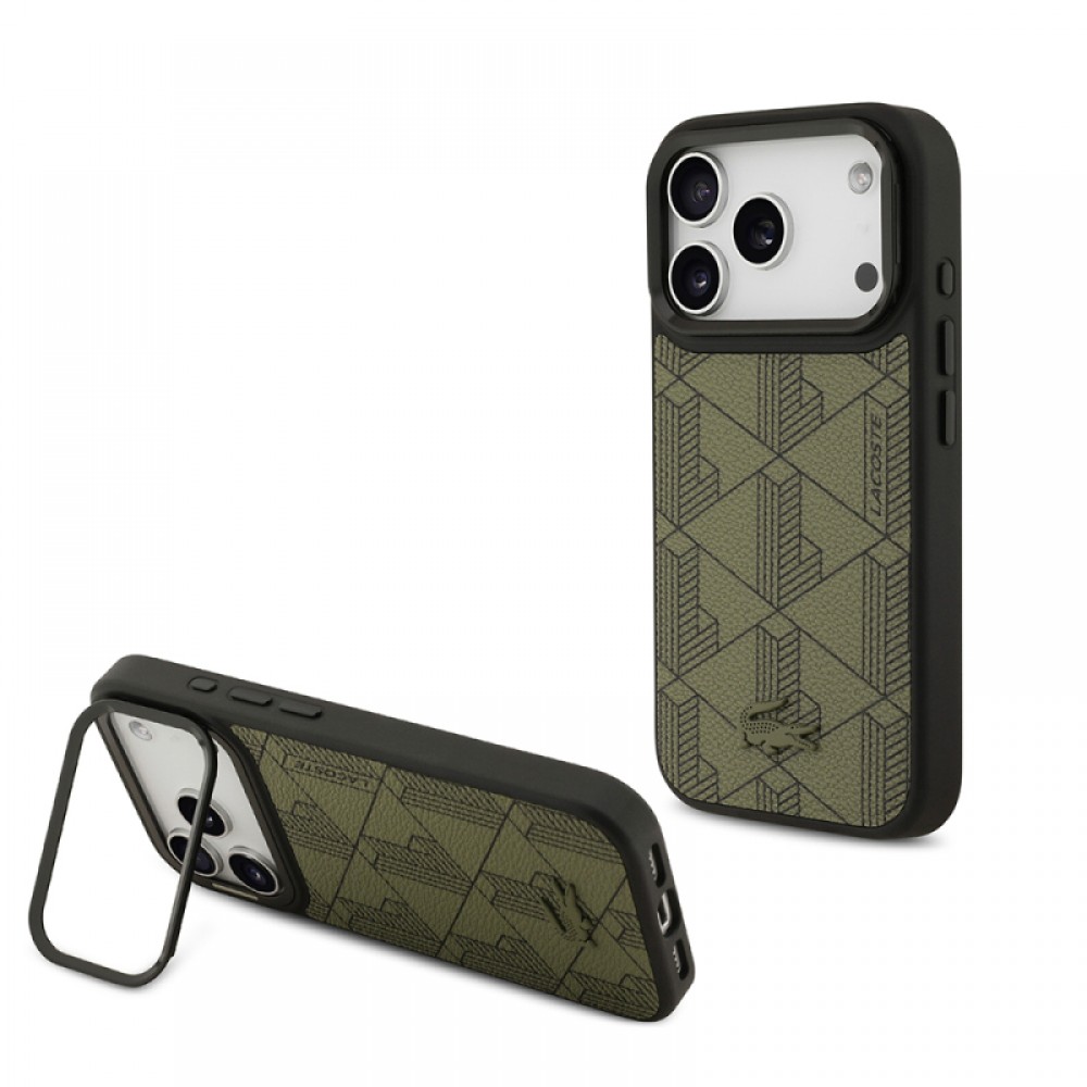 iPhone 17 Pro Lacoste orijinal lisanslı MagSafe uyumlu stand özellikli PU deri karışık monogram desenli telefon kılıfı