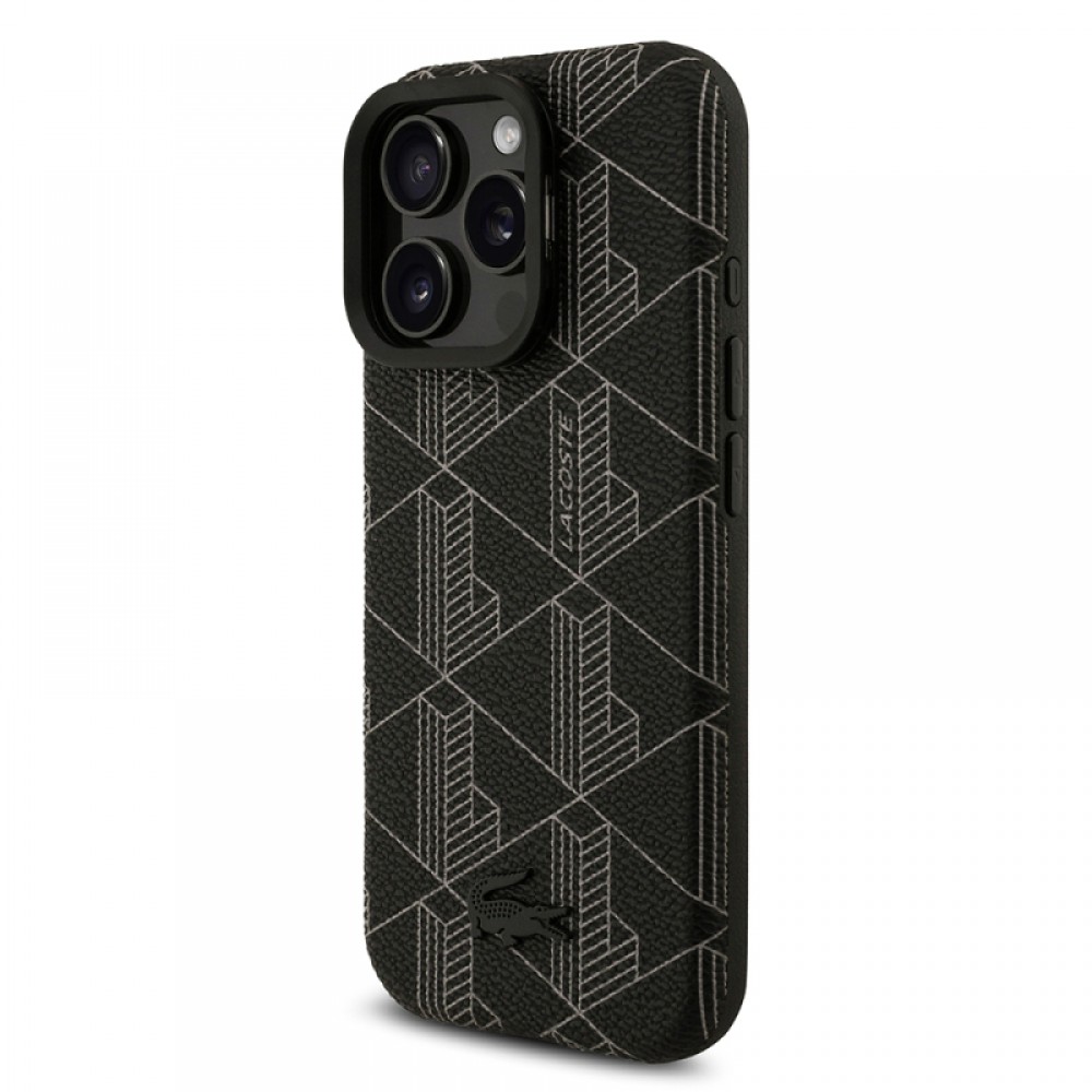 iPhone 16 Pro Max Lacoste orijinal lisanslı MagSafe uyumlu PU deri karışık monogram desenli entegre standlı telefon kılıfı