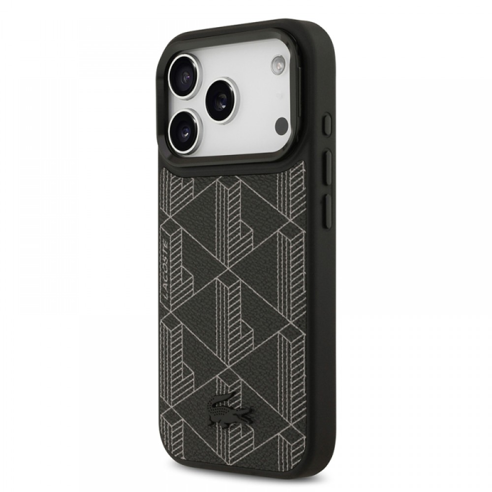 iPhone 17 Pro Lacoste orijinal lisanslı MagSafe uyumlu stand özellikli PU deri karışık monogram desenli telefon kılıfı