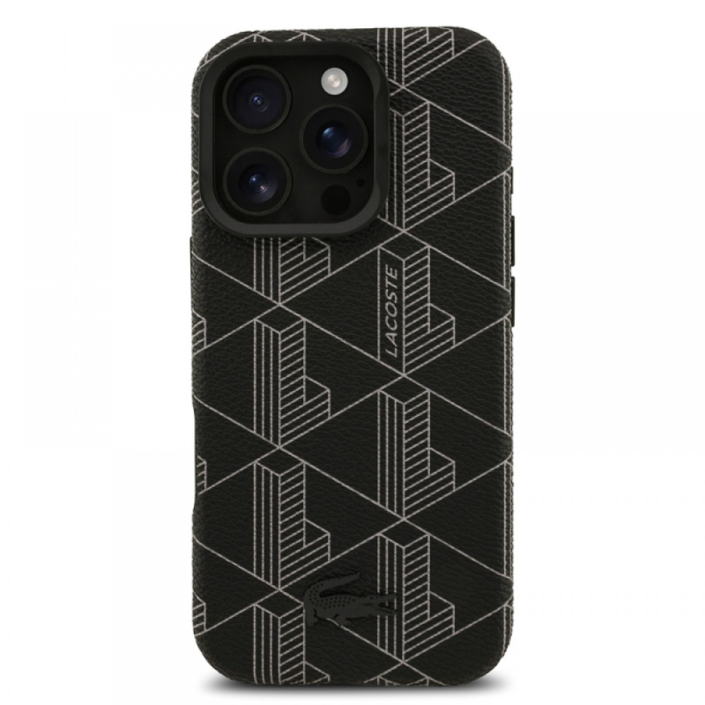iPhone 16 Pro Max Lacoste orijinal lisanslı MagSafe uyumlu PU deri karışık monogram desenli entegre standlı telefon kılıfı
