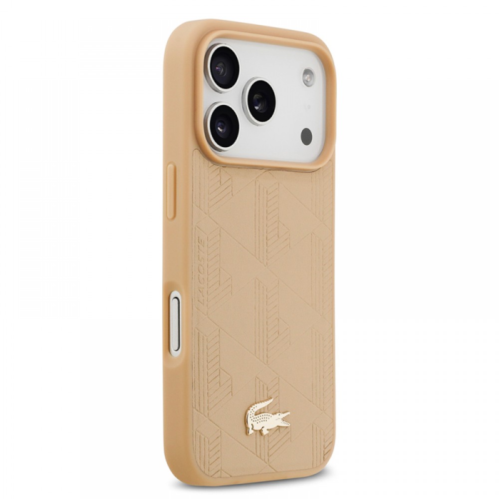 iPhone 17 Pro Lacoste orijinal lisanslı MagSafe uyumlu PU deri karışık monogram desenli telefon kılıfı