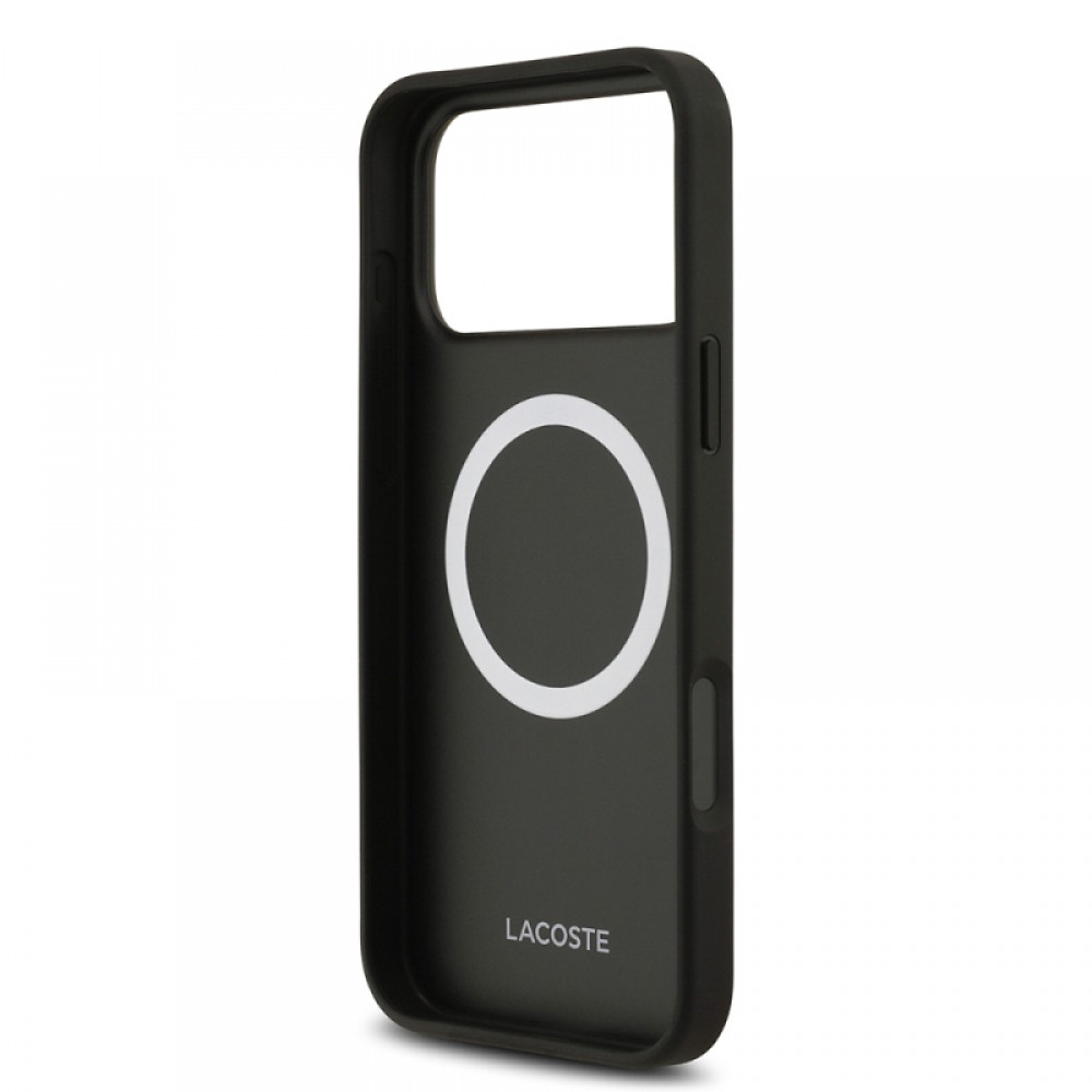 iPhone 17 Pro Max Lacoste orijinal lisanslı MagSafe uyumlu kartlıklı PU deri karışık monogram desenli telefon kılıfı