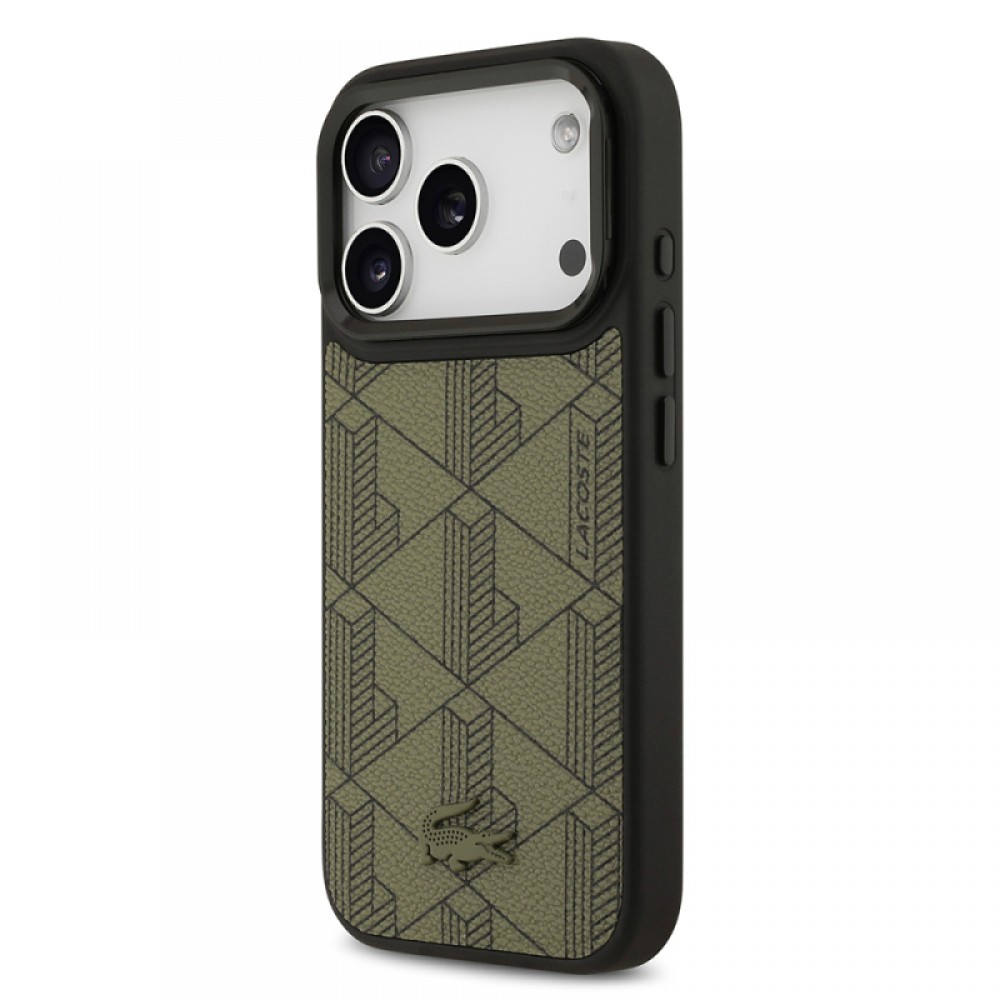 iPhone 17 Pro Lacoste orijinal lisanslı MagSafe uyumlu stand özellikli PU deri karışık monogram desenli telefon kılıfı