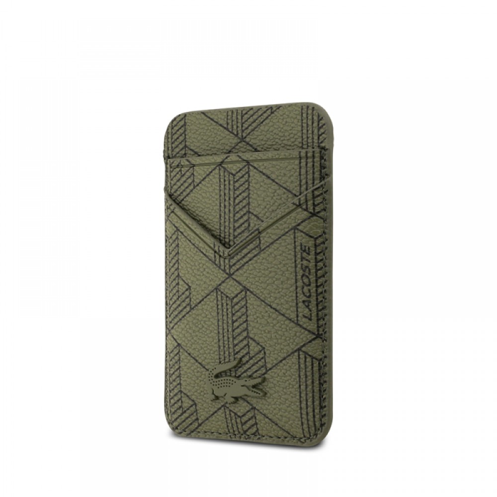 iPhone 17 Pro Max Lacoste orijinal lisanslı MagSafe uyumlu kartlıklı PU deri karışık monogram desenli telefon kılıfı