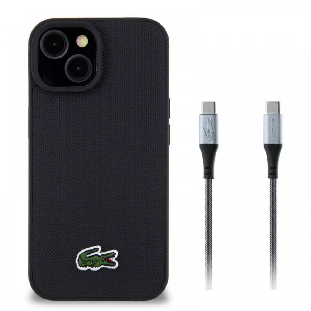iPhone 15 Lacoste orijinal lisanslı PU pike desenli timsah logolu ince zarif koruyucu telefon kılıfı ve hediye 1.5m Type-C kablo