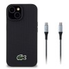 iPhone 15 Lacoste orijinal lisanslı PU pike desenli timsah logolu ince zarif koruyucu telefon kılıfı ve hediye 1.5m Type-C kablo