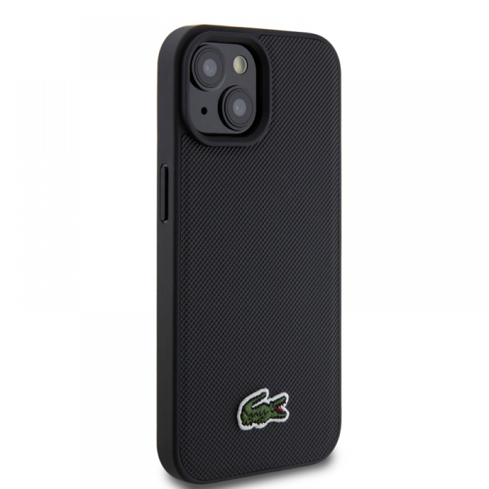 iPhone 15 Lacoste orijinal lisanslı PU pike desenli timsah logolu ince zarif koruyucu telefon kılıfı ve hediye 1.5m Type-C kablo