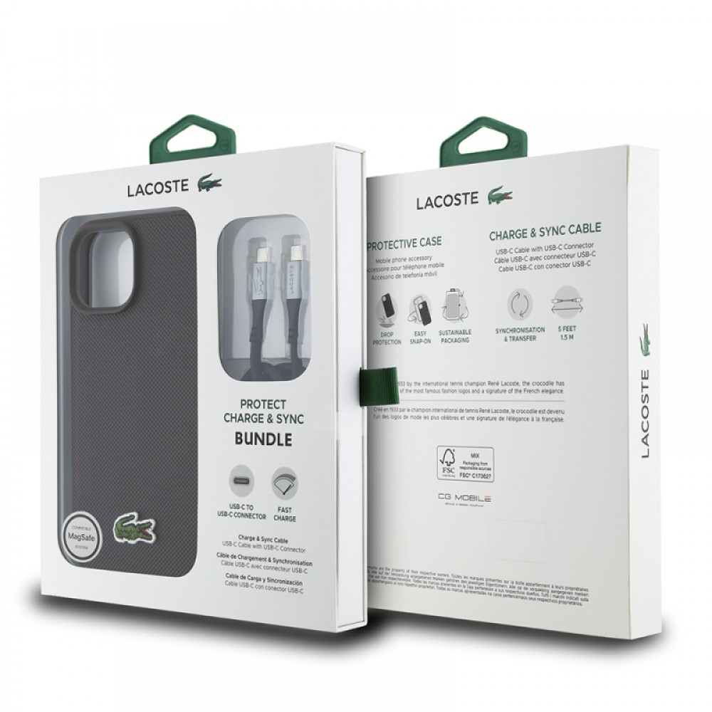 iPhone 15 Lacoste orijinal lisanslı PU pike desenli timsah logolu ince zarif koruyucu telefon kılıfı ve hediye 1.5m Type-C kablo