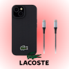 iPhone 15 Lacoste orijinal lisanslı PU pike desenli timsah logolu ince zarif koruyucu telefon kılıfı ve hediye 1.5m Type-C kablo